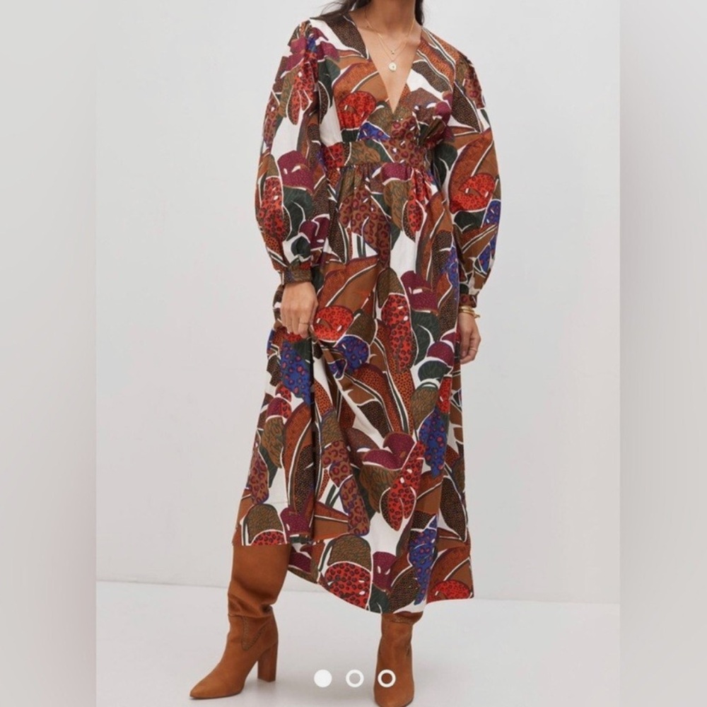 Farm Rio Colorful Leaves Long Sleeve Midi Dress Size 6 Boho Tropical Print